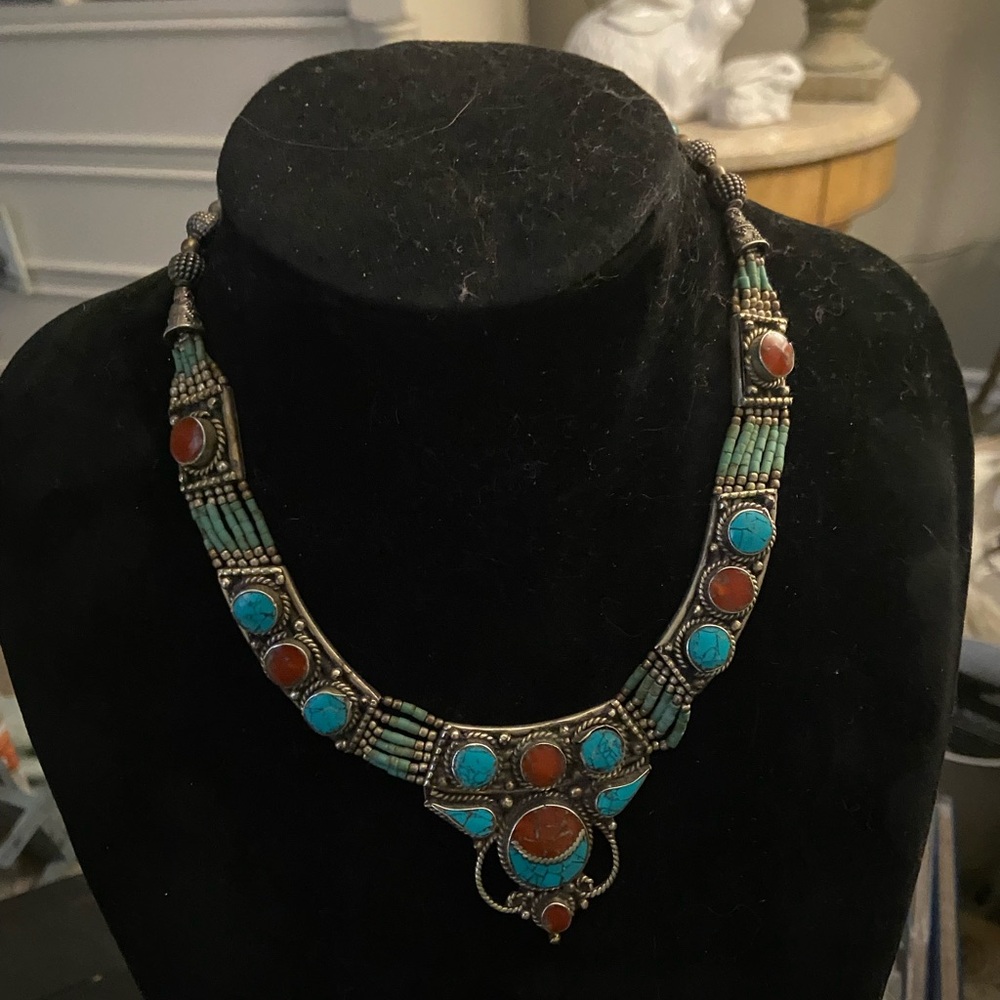 Nepalese Tibetan Silver Tribal Turquoise and Coral Necklace